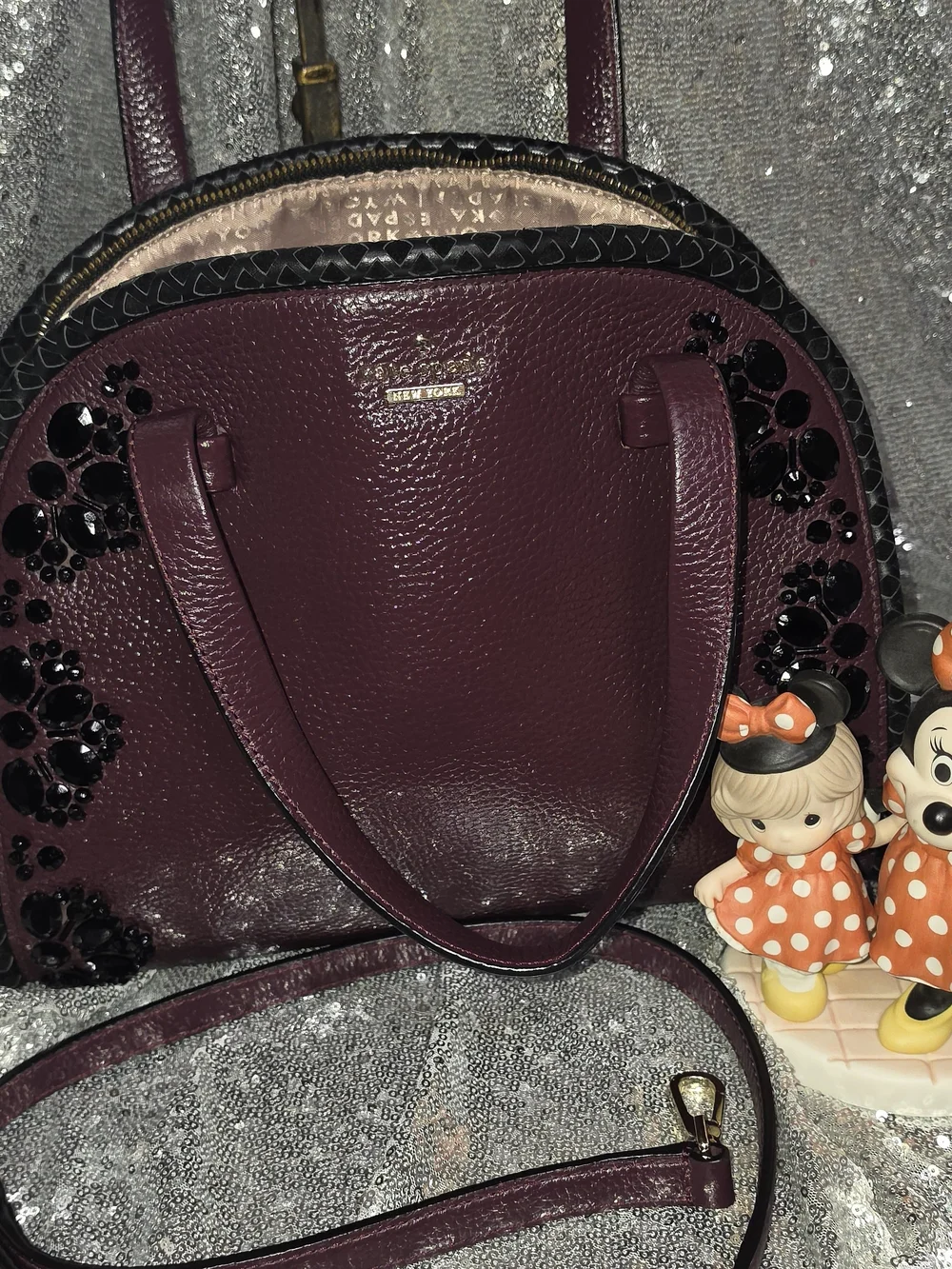 Kate Spade Plum Leather Dome Satchel with Beaded Accent